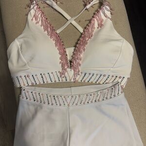 White and Pink Embellished Two-Piece Set